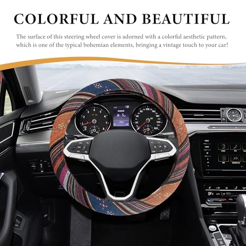 Boho Steering Wheel Cover, 15 Inch Coarse Flax Cloth Ethnic Style Anti-Slip Car Wheel Wrap, Universal Breathable Bohemian Steering Wheel Protector for Cars Vans Trucks (C) - color: C