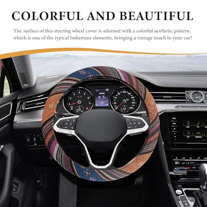 Boho Steering Wheel Cover, 15 Inch Coarse Flax Cloth Ethnic Style Anti-Slip Car Wheel Wrap, Universal Breathable Bohemian Steering Wheel Protector for Cars Vans Trucks (C) - color: C