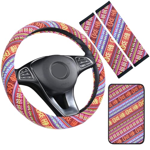 Boho Steering Wheel Cover Set, Seat Belt Cover and Armrest Pad Bohemian Cloth Car Steering Wheel for Women Flax Ethnic Style Steering Wheel Accessories Cover Anti-Slip Fits 14 1/2-15 Inch - Red - color: Brown