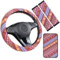 Boho Steering Wheel Cover Set, Seat Belt Cover and Armrest Pad Bohemian Cloth Car Steering Wheel for Women Flax Ethnic Style Steering Wheel Accessories Cover Anti-Slip Fits 14 1/2-15 Inch - Red - color: Brown