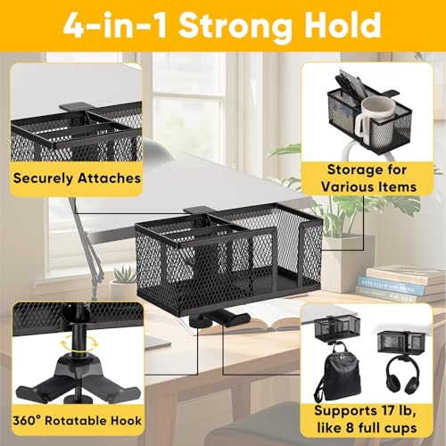 4 in 1 Metal Clip On Cup Holder Attachment for Gaming Desk or Table, Fits up to 40oz Cups, Sturdy and Easy to Clamp, Attachable Anti-Spill Cup Holder for Chair, Bedside, Bottles, Drinks - Black - color: Non - glossy Black