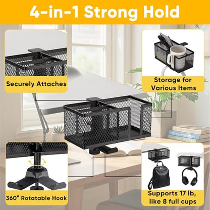 4 in 1 Metal Clip On Cup Holder Attachment for Gaming Desk or Table, Fits up to 40oz Cups, Sturdy and Easy to Clamp, Attachable Anti-Spill Cup Holder for Chair, Bedside, Bottles, Drinks - Black - color: Non - glossy Black