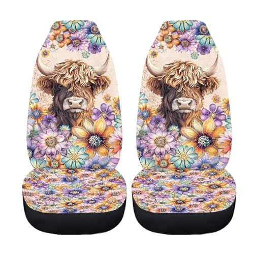 Bohu Flower Highland Cow Print Car Seat Covers Front Seats Only,Universal Fit Most Cars,Truck,SUV,or Van - color: Bohu Flower Highland Cow