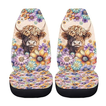 Bohu Flower Highland Cow Print Car Seat Covers Front Seats Only,Universal Fit Most Cars,Truck,SUV,or Van - color: Bohu Flower Highland Cow