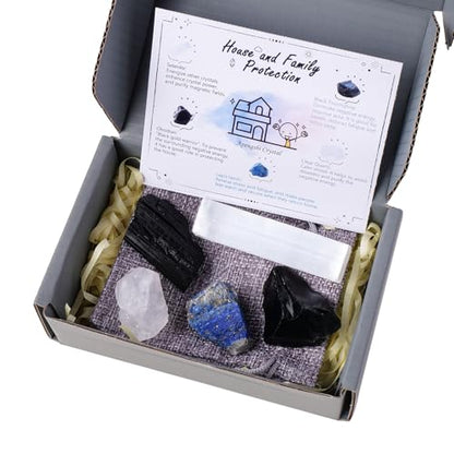 Apengshi Protection Crystal Stone Set for House and Family Protection Set of 5 Pieces Stone Black Tourmaline Clear Quartz Lapis Lazuli Obsidian and Selenite Healing Crystal Stones - color: House and Family Protection