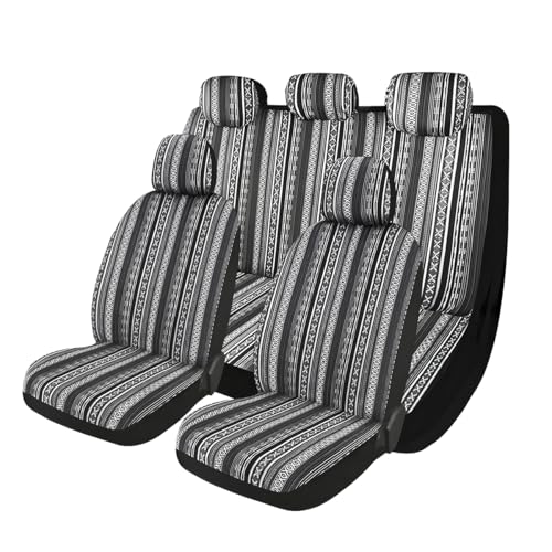 9PCS Baja Saddle Blanket Car Seat Covers, Front Set Breathable Washable Seat Covers with Seatbelt Pad, Striped Woven Cloth Airbag Compatible Seats Protector for Most Vehicles (Black White Thin) - color: Black White Thin