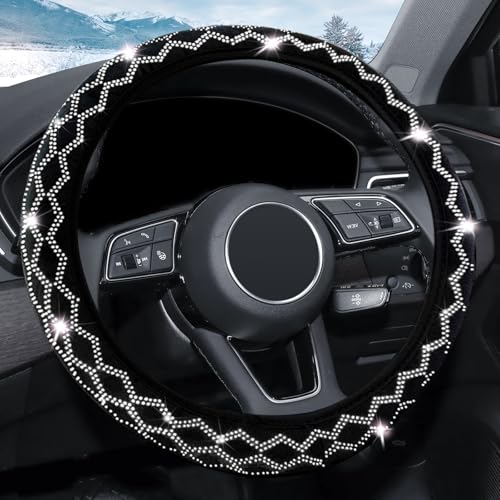 ZHOL Bling Rhinestone Steering Wheel Cover with Crystal Diamond for Women, Sparkling Car Wheel Protector Universal Fit 15 Inch (Black with White Diamond, Standard Size(14"" 1/2-15"" 1/4)) - color: Full-Circle White Diamond