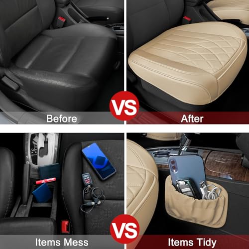 BEITK 2 Pack Leather Front Car Seat Cover Bottom Car Seat, Universal Anti-Slip Driver Car Seat Protectors with Storage Pocket, Waterproof Bottom Auto Seat Cushion Pad Mat for Most Vehicles(Beige) - color: cushion pair beige
