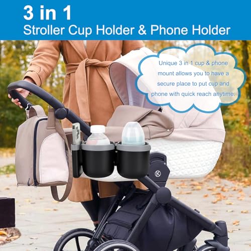 Accmor Stroller Cup Holder with Phone Holder, Bike Cup Holder, Universal Cup Holder for Uppababy Nuna Doona Strollers, 2-in-1 Cup Holder for Walker, Wheelchair, Scooter - color: Double Holder-Grey