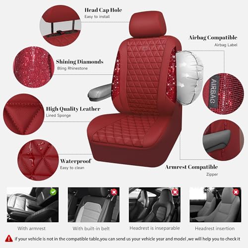 CAR PASS Bling Diamond Burgundy Leather Car Seat Covers Full Sets Interior Sets, Waterproof Shining Glitter Sparkly Crystal Universal Armrest Fit Automotive Truck SUV Cute Women Girl, Red Rhinestone - color: Burgundy Rhinestone, size: Full Set