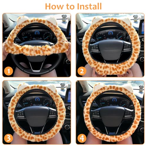 Accmor Fuzzy Leopard Print Car Steering Wheel Cover Women Car Accessories | Soft Furry, Non-Slip, Elastic Steering Wheel Covers, Universal 15 Inch Fit Auto, Suvs, Truck - color: Style B/Orange Leopard, Ear