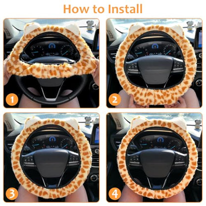 Accmor Fuzzy Leopard Print Car Steering Wheel Cover Women Car Accessories | Soft Furry, Non-Slip, Elastic Steering Wheel Covers, Universal 15 Inch Fit Auto, Suvs, Truck - color: Style B/Orange Leopard, Ear