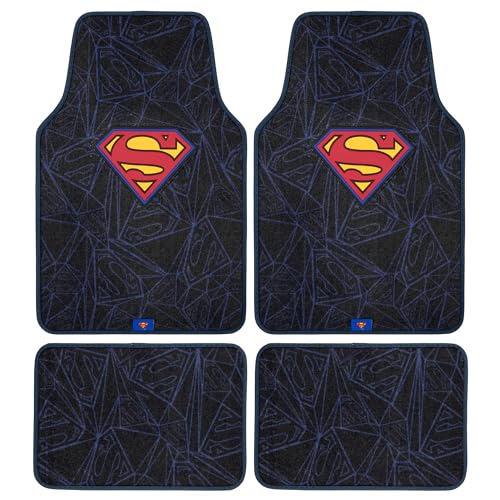 Warner Bros DC Comics Superman 4pc Carpet Floor Mats Car Accessories - Set for Car, Truck, Van, SUV - No-Slip Grip - Universal Fit Front 26" x 16.5", Rear 14" x 16.5" - style: Superman
