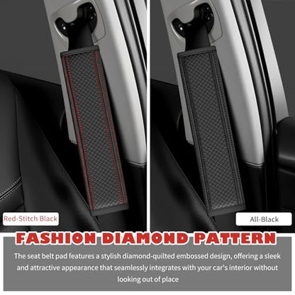 2PCS Leather Car Seat Belt Cover Pad,Stylish Seatbelt Covers with Diamond-Patterned Designs,Comfortable & Breathable Car Seat Strap Pads for Neck & Shoulder Pain Relief (Black/2PCS) - color: Black/2PCS