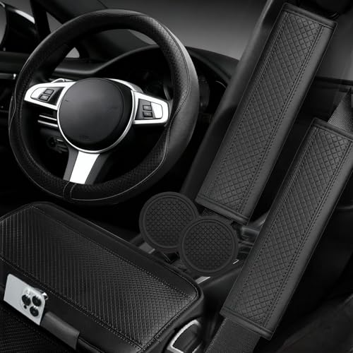 NBTEPEM 6 PCS Car Steering Wheel Cover Set, Microfiber Leather Steering Wheel Covers Universal 14.5-15 inch, Center Console Cover, Seat Belt Cushion, Cup Holder Coaster, Car Accessories Set Black - color: Black, size: Steering Wheel Cover Set