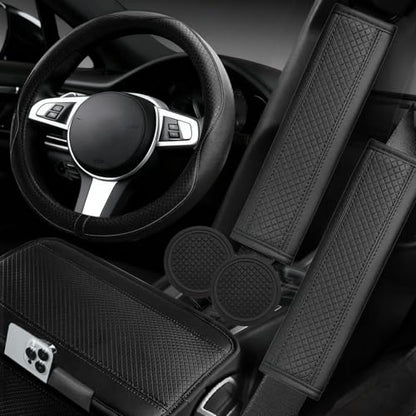 NBTEPEM 6 PCS Car Steering Wheel Cover Set, Microfiber Leather Steering Wheel Covers Universal 14.5-15 inch, Center Console Cover, Seat Belt Cushion, Cup Holder Coaster, Car Accessories Set Black - color: Black, size: Steering Wheel Cover Set
