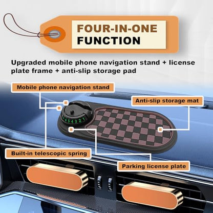 Universal Multifunction Anti-Slip Car Dashboard Mat, Rotatable Car Phone Holder Dashboard Pad with Temporary Parking Number, and Large Pad for Phones Sunglasses (Black+Brown)