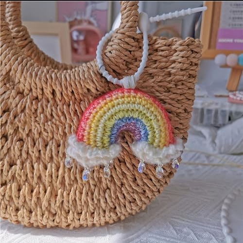 Cute Rainbow Car Mirror Hanger - Crochet Hand Knitted Rear View Mirror Accessory - color: Rainbow