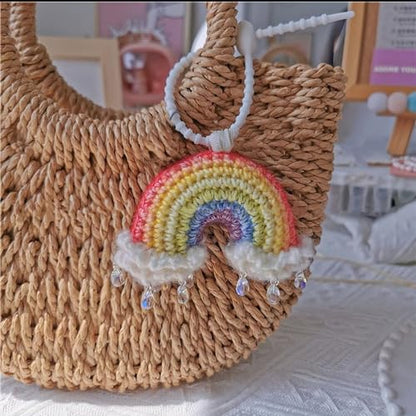 Cute Rainbow Car Mirror Hanger - Crochet Hand Knitted Rear View Mirror Accessory - color: Rainbow