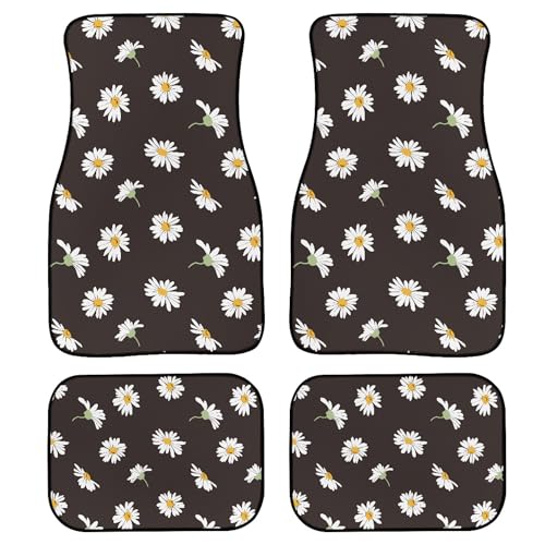 Daisy Car Floor Mats 4Pcs White Daisies Flowers on Black Background Cute Floral Pattern Floor Mats for Cars Custom Front Rear Vehicle Rugs Universal Auto Accessories for Trucks Sedans - color: White