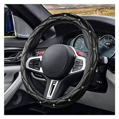 Diamond Soft Leather Bling Steering Wheel Cover, Universal Car Steering Wheel Protector with Crystal Rhinestones, 15 Inch Anti-Slip Interior Accessories for Women, Trucks, SUVs (Black)