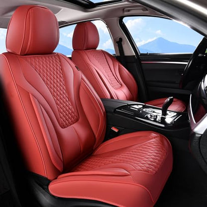 Coverado Waterproof Nappa Leather Car Seat Covers Full Set, Red 5-Seat Car Seat Protector, Front & Rear Cushions Fit for Most Sedans, SUVs, Pick-up Trucks - color: pure red