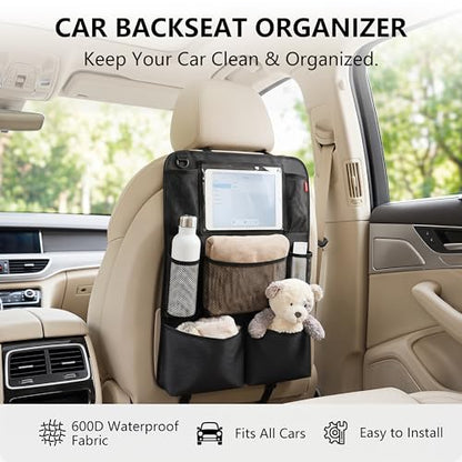 Backseat Car Organizer, backseat car organizer with 9 Pockets & Tablet Holder, Kick Mats for Car Seat Storage and Organization, 2 Pack, Black—Perfect for Travel.