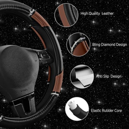 Road Comforts Leather Steering Wheel Cover - Made with PVC Leather - Anti-Slip Steering Wheel Cover Universal Fit Most 14 1/2 inches to 15 inches - Brown Color - color: Brown