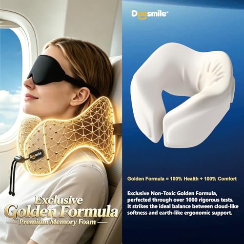 Patented Head-Bobble-preventing Ergonomic 360° Supporting Golden Formula Memory Foam Travel Neck Pillow w/3D Contoured Eye Mask Set Long Trip Sleeping Essentials for Airplane Flight Car Bus