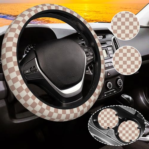 Khaki Checkered Steering Wheel Cover for Women,Universal Auto Steering Wheel 14-15 Inch Car Interior Accessories with 2PCS Car Coasters,Suitable for Men and Women - color: Khaki