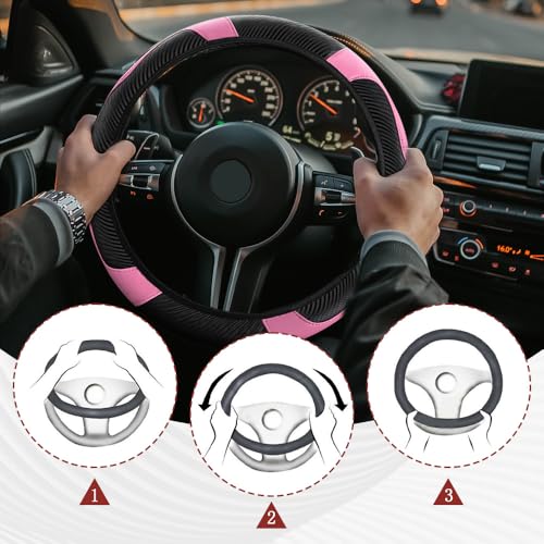 Car Steering Wheel Cover, Steering Wheel Protector, Universal 14.5-15 Inch Microfiber Leather Breathable Auto Steering Wheel Covers, Carbon Fiber Steering Wheel Cover for Women Men (Pink) - color: Pink