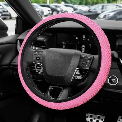 Elastic Stretch Steering Wheel Cover, Steering Wheel Protector, 15 Inch Anti-Slip Breathable Microfiber Ice Silk Protection, Easy Carry, Warm in Winter & Cool in Summer for Cars (Pink) - color: Pink
