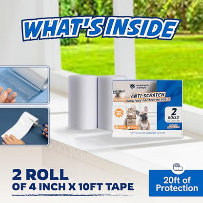 2 Rolls Cat Scratch Furniture Protector Tape – Double-Sided Sticky Training (4" x 20ft Each) – Anti-Scratch Sofa & Couch Guard – Clear, Easy to Apply & Remove – Not for Leather, Velvet, Microfiber - size: Roll 2 Pack (4" x 20ft Each)