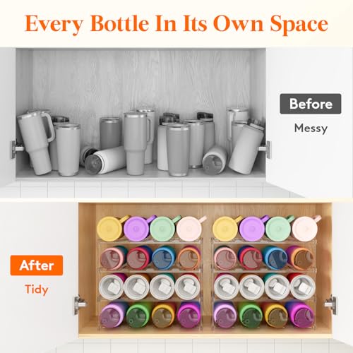 Lifewit Stackable Bottle Storage Organizer, Clear Freestanding Wine Holder for Cabinet, Large Slot Water Bottle Tumbler Organizer for Pantry, Plastic Wine Rack for Fridge Cellar, 4Tier Hold 16 - size: 4 Tier-16 Bottle