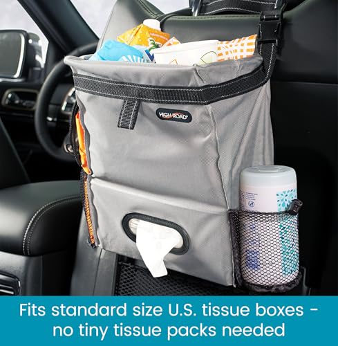 High Road Car Organizer with Car Trash Bin and Tissue Holder - Holds Full Size Tissue Box, Bottles and Wipe Containers - 2 Gal Leakproof Covered Trash Can with Push-Close Lid - color: Gray