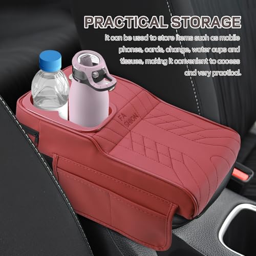 Car Center Console Armrest Pillow, 13.4"×7.5"×2" Leather Auto Arm Rest Cover with Pocket & Tissue Box & Cup Holder, Multifunctional Vehicle Armrest Cushion Pad, Car Accessories (Red)