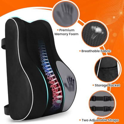 CloudBliss Ergonomic Lumbar Support Pillow – Memory Foam for Lower Back Pain Relief, Adjustable Straps & Mesh Cover for Office, Gaming, Car Seat & Home Essentials (Black)