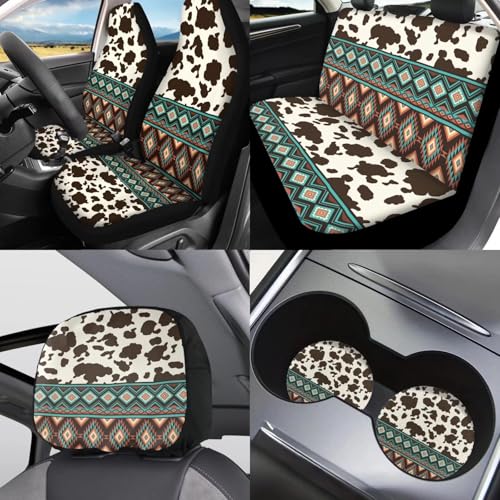 Horeset Southwest Aztec Geometric Cow Print Auto Seat Cover with Headrest Cover,Cup Coasters,Handbrake Cover,Gear Shift Caover and Lanyaeds Key Chain Fit Most Cars for Women Men(11-Piece) - color: Southwest Aztec Geometric Cow Print
