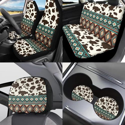 Horeset Southwest Aztec Geometric Cow Print Auto Seat Cover with Headrest Cover,Cup Coasters,Handbrake Cover,Gear Shift Caover and Lanyaeds Key Chain Fit Most Cars for Women Men(11-Piece) - color: Southwest Aztec Geometric Cow Print