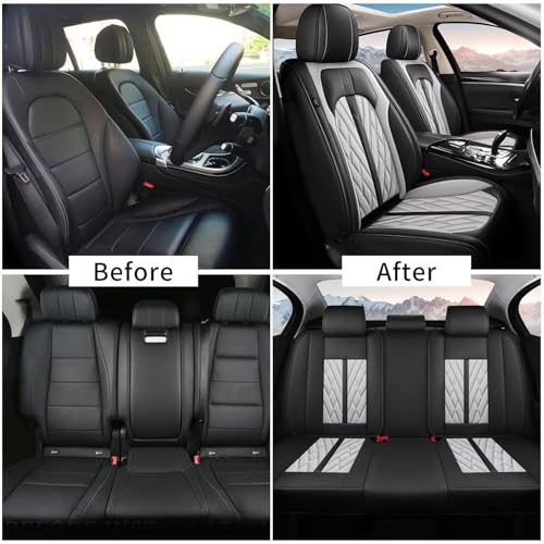 TTX LIGHTING Seat Covers Full Set 5 Seats Faux Leather Waterproof Car Seat Covers Breathable with Anti-Slip Universal Fit for Most Cars SUV Trucks (5 Seats, Black&Grey) - color: #073 Black&Grey, size: 1.Universal Fit Most Cars - 5 seat covers full set