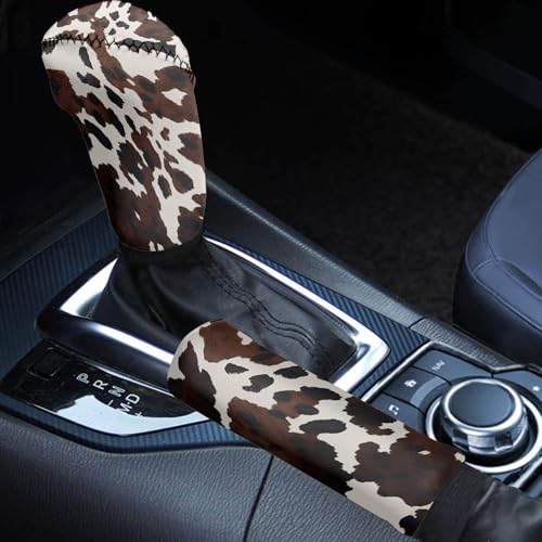 Brown Cow Print 2 Pcs Car Gear Shift Knob Cover Handbrake Cover Comfortable Automobile Accessory Universal Fit for Most Cars SUV Truck - color: Cow Print Brown