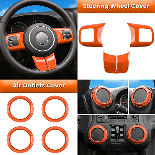 E-cowlboy 18 PCS Full Set Interior Decoration Trim Kit Steering Wheel Center Console Door Handle Air Conditioning Vent Cup Holder Gear Cover Trim for Jeep Wrangler JK JKU 2011-2018 4-Door (Orange) - color: Orange