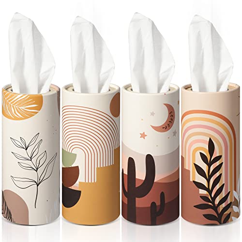 Tatuo 4 Pack Car Tissues Cylinder Holder with 3 Ply Facial Bulk Boho Round Tissue Holder Travel Tissues Boxes Container for Car Cup Wedding Gifts Home Bathroom Office (Warm)