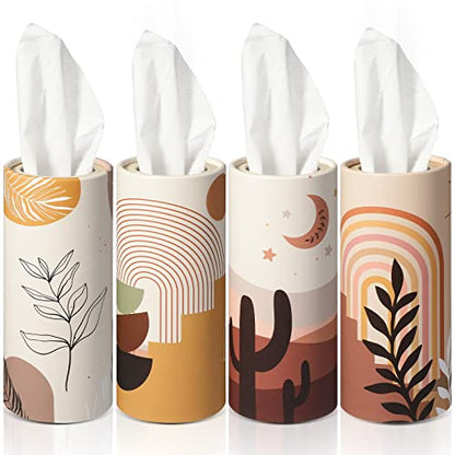 Tatuo 4 Pack Car Tissues Cylinder Holder with 3 Ply Facial Bulk Boho Round Tissue Holder Travel Tissues Boxes Container for Car Cup Wedding Gifts Home Bathroom Office (Warm)