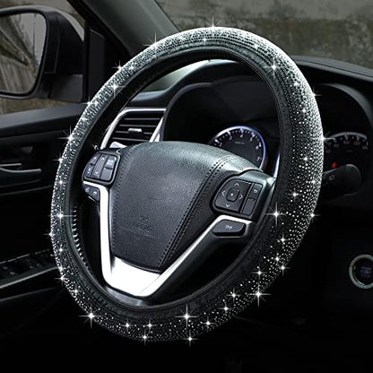 Bling Steering Wheel Cover, Crystal Rhinestone Diamond Steering Cover Universal Fit 15 inch Car Steering Wheel Protector for Women & Girl (Black)