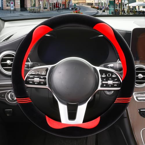 14 inch Furry Cute Steering Wheel Cover, Soft Fluffy Short Plush Auto Accessories, Non-Slip Cold-Proof Sweat-Proof Colorfast(Black with Red) - color: Round-Red, size: Small[13.5''-14'']