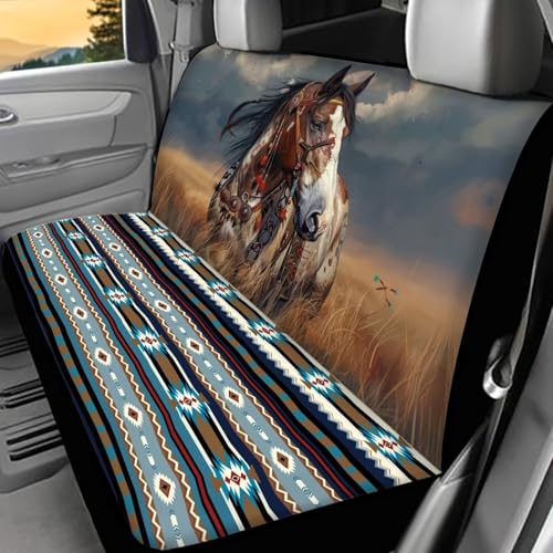 WELLFLYHOM Western Horse Truck Bench Seat Cover Native Universal Fit Split Car Seat Cover for Bench Seat Tribal Car Rear Seat Protectors for SUV Truck - color: Western Horse Native