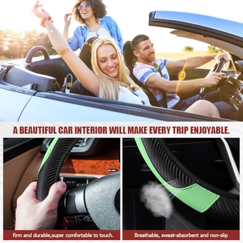 Car Steering Wheel Cover, Steering Wheel Protector, Universal 14.5-15 Inch Microfiber Leather Breathable Auto Steering Wheel Covers, Carbon Fiber Steering Wheel Cover for Women Men (Green) - color: Green