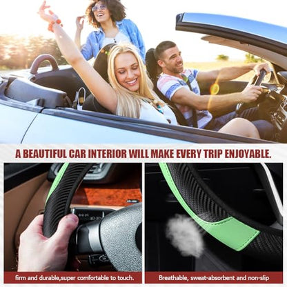Car Steering Wheel Cover, Steering Wheel Protector, Universal 14.5-15 Inch Microfiber Leather Breathable Auto Steering Wheel Covers, Carbon Fiber Steering Wheel Cover for Women Men (Green) - color: Green