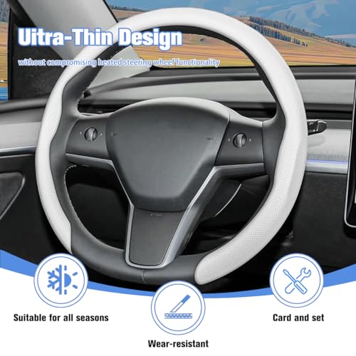 Car Nappa Leather Steering Wheel Cover, 15" Fashionable 5D Anti-Slip Vehicle Steering Wheel Protector, Breathable Auto Interior Decoration Accessories, Universal for Vehicles（White